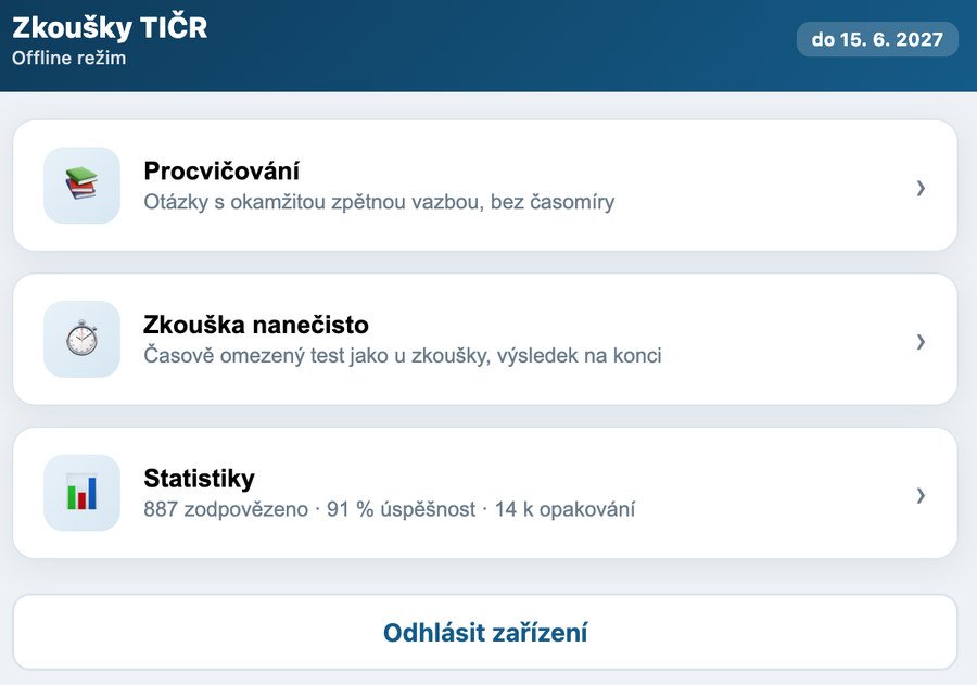 Hlavní nabídka aplikace Zkoušky TIČR – procvičování, zkouška nanečisto a statistiky