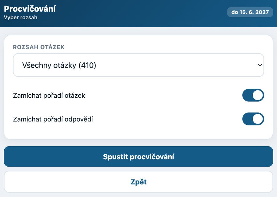 Výběr rozsahu otázek – všech 410 otázek nebo jednotlivý okruh